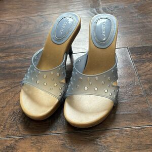 Fioni Y2K 90s Women’s Clear Blue Kitten Heel Mules 6W Shoes Open Toe